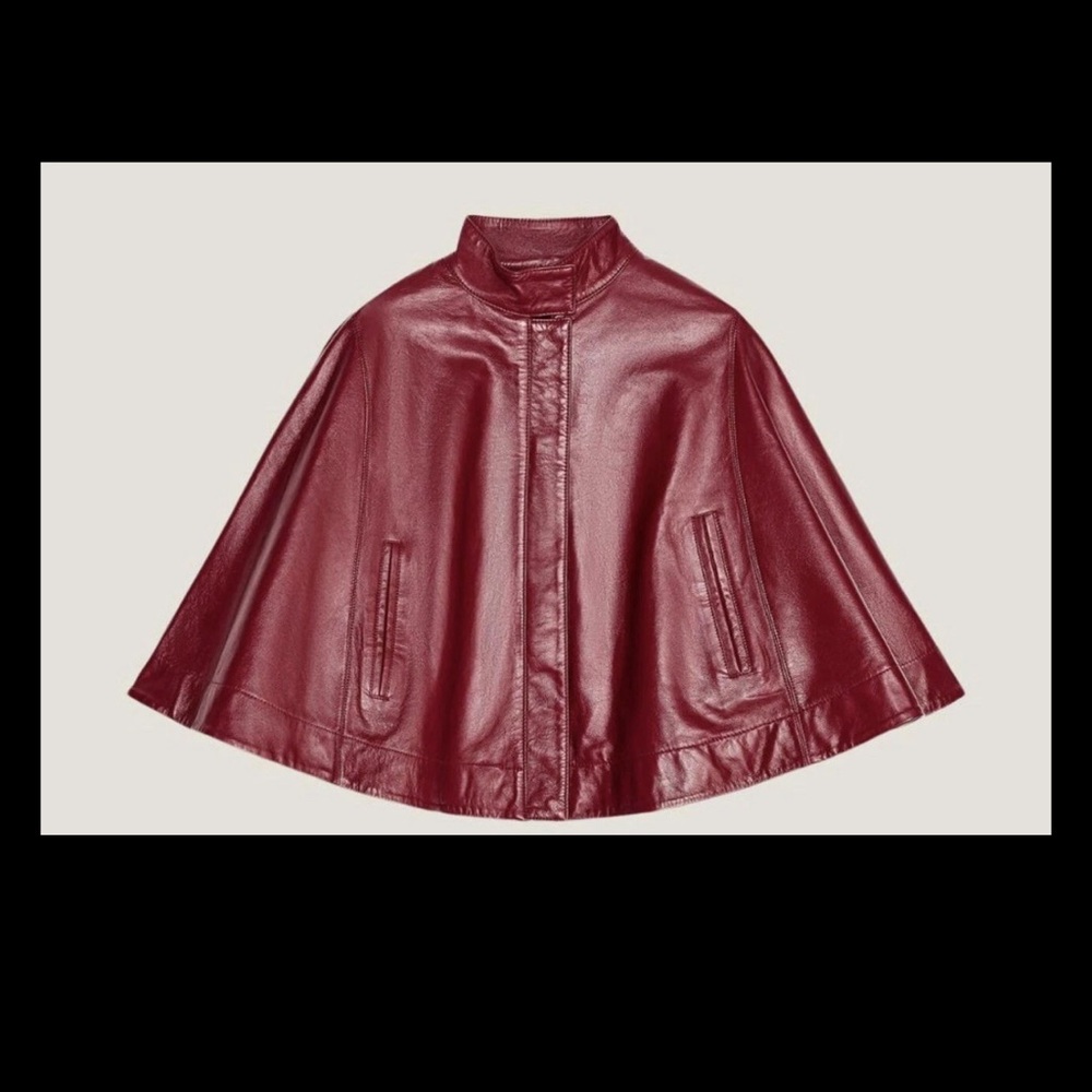 ZARA SS2025 WOMAN CROPPED 100% SHEEP LEATHER ZIP CAPE RED XS-S